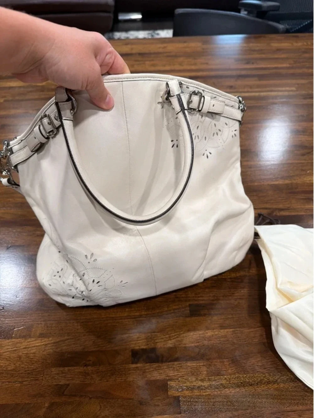 Coach Madison Tossed Laser Lindsey Satchel White Leather Style 19624